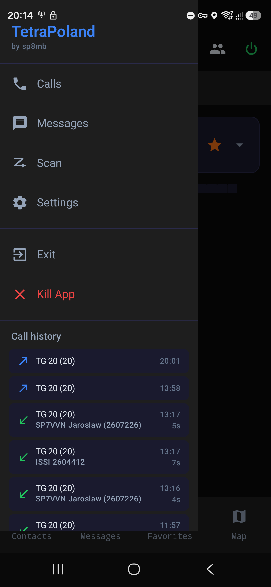 The side menu with call history