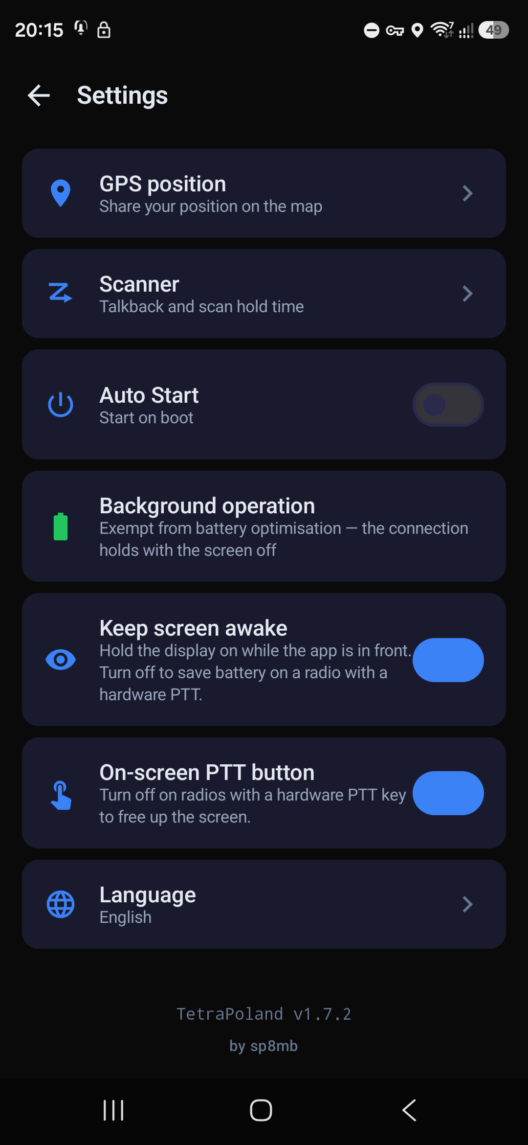 Settings — auto start, background operation, screen, language