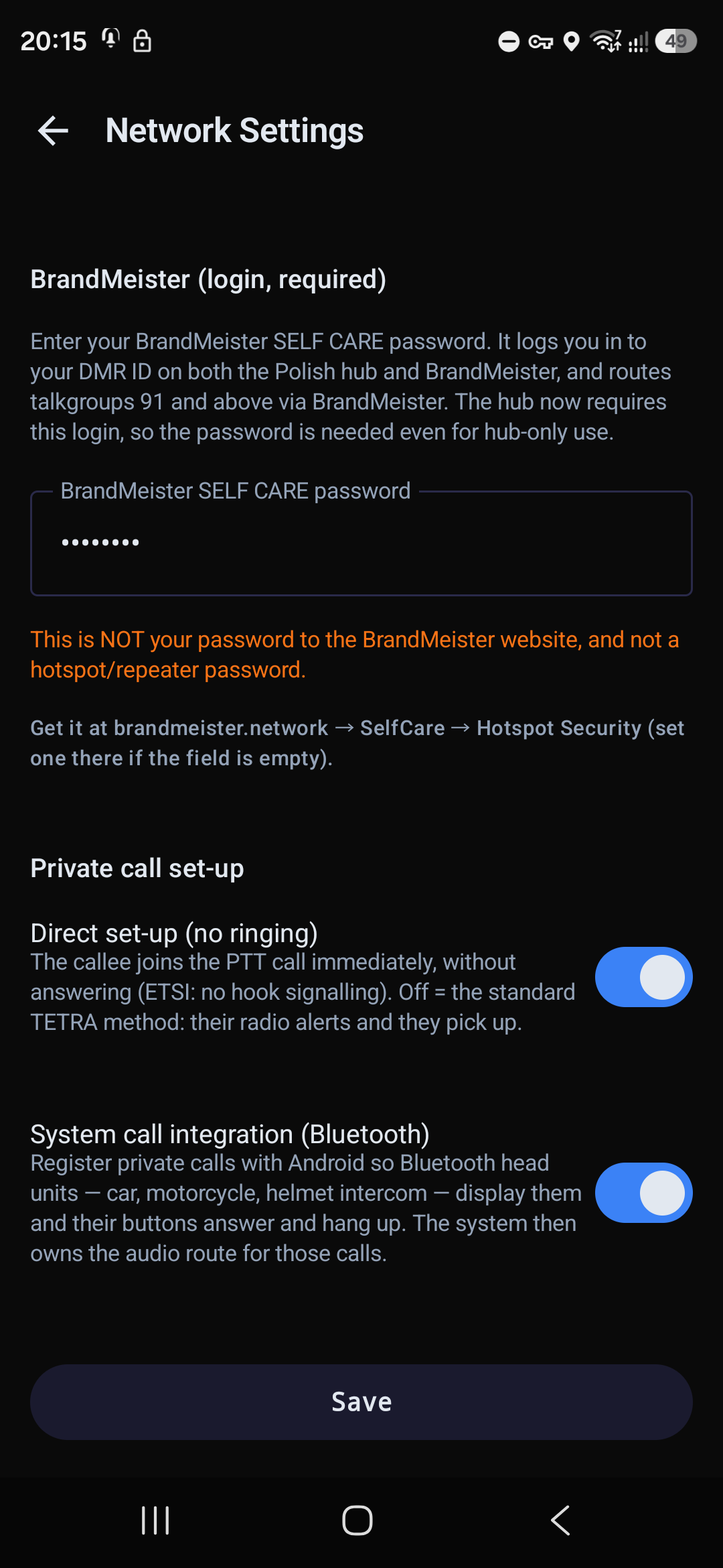 Lower part of the network screen — password, direct mode, system integration