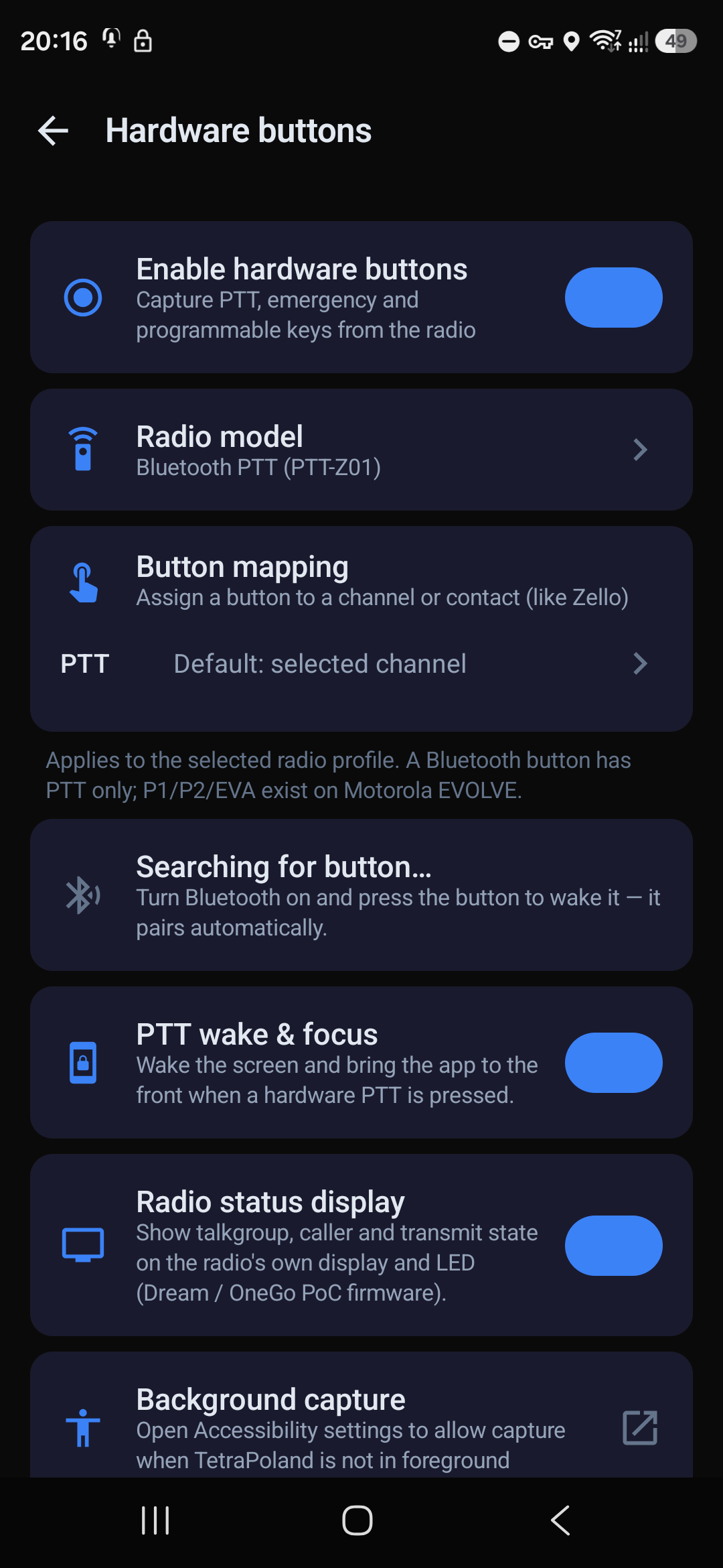 Hardware buttons — radio model and mapping