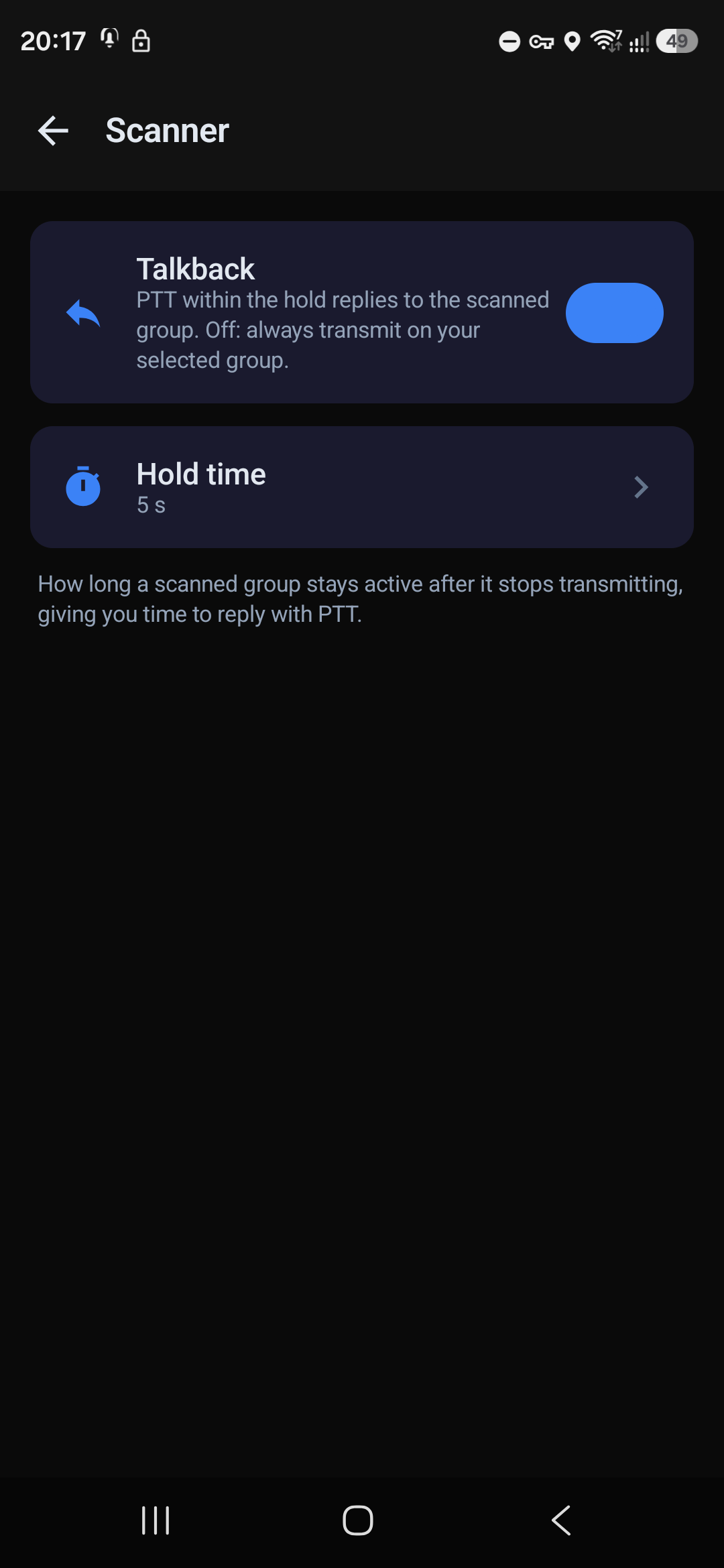 Scanner settings — talkback and hold time