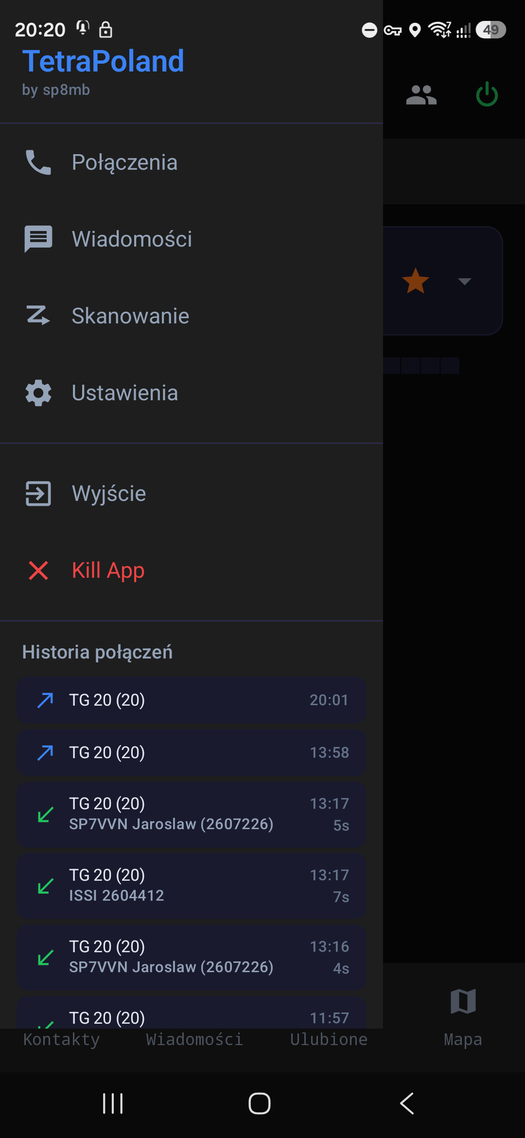 Menu boczne z historią połączeń