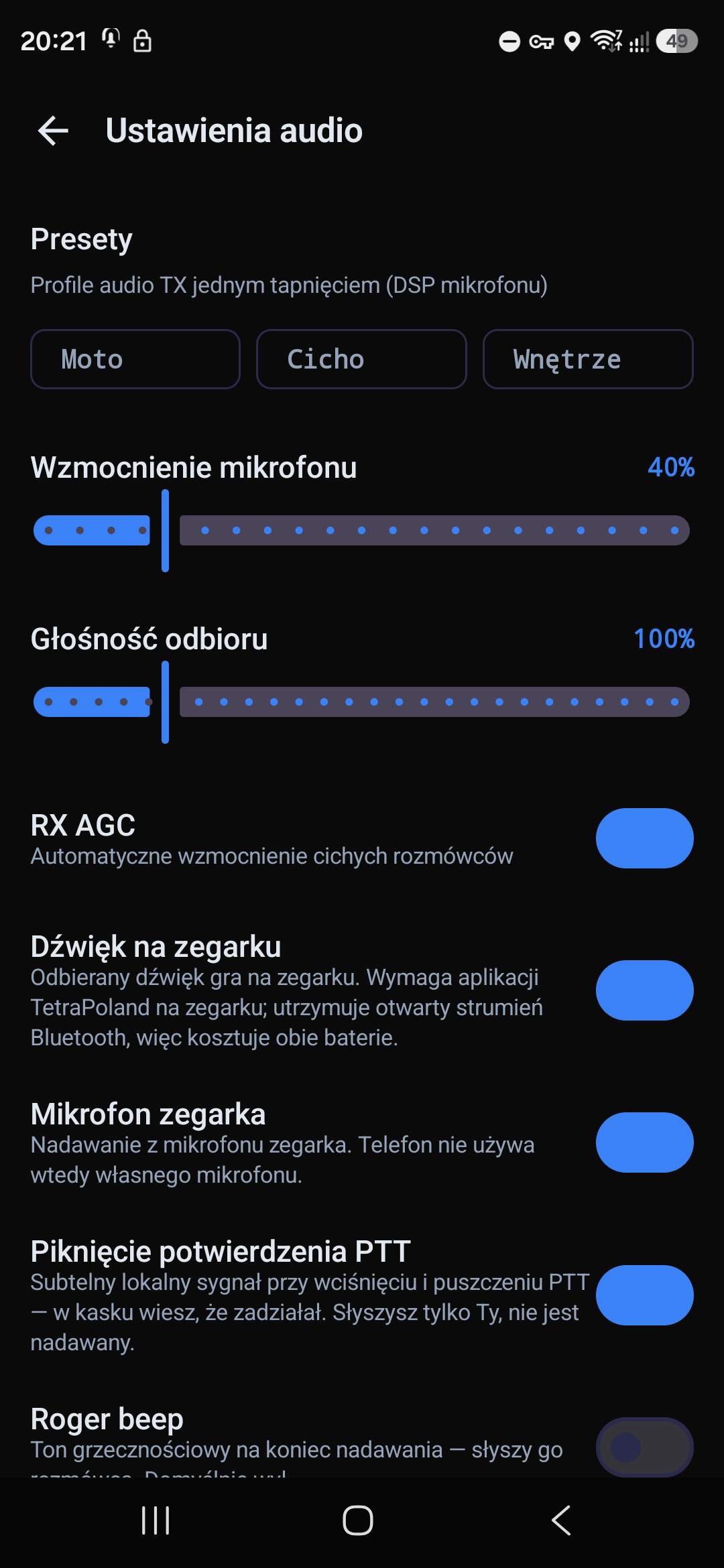 Ustawienia audio — presety i wzmocnienia