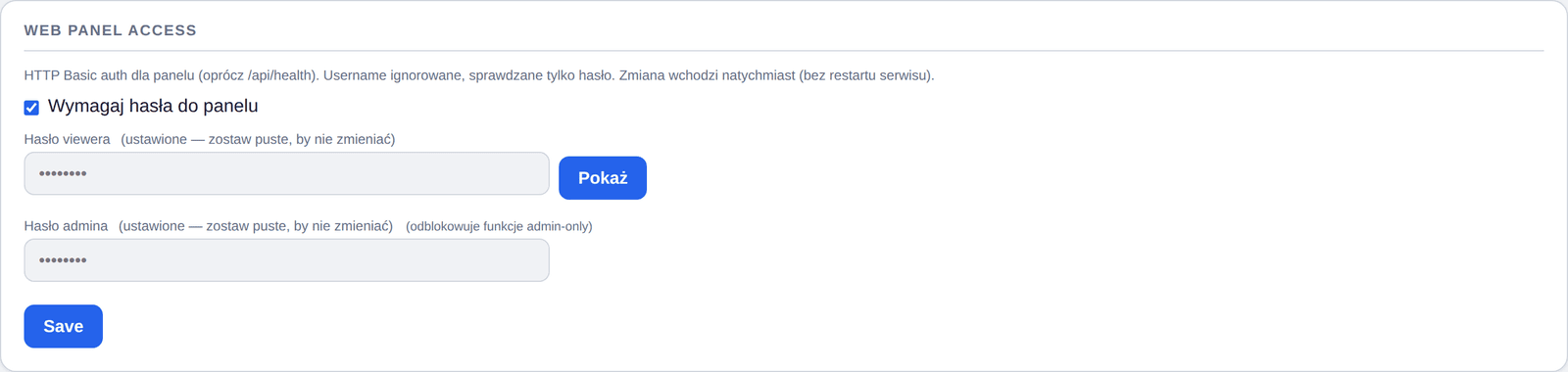 Bezpieczeństwo — dostęp do panelu